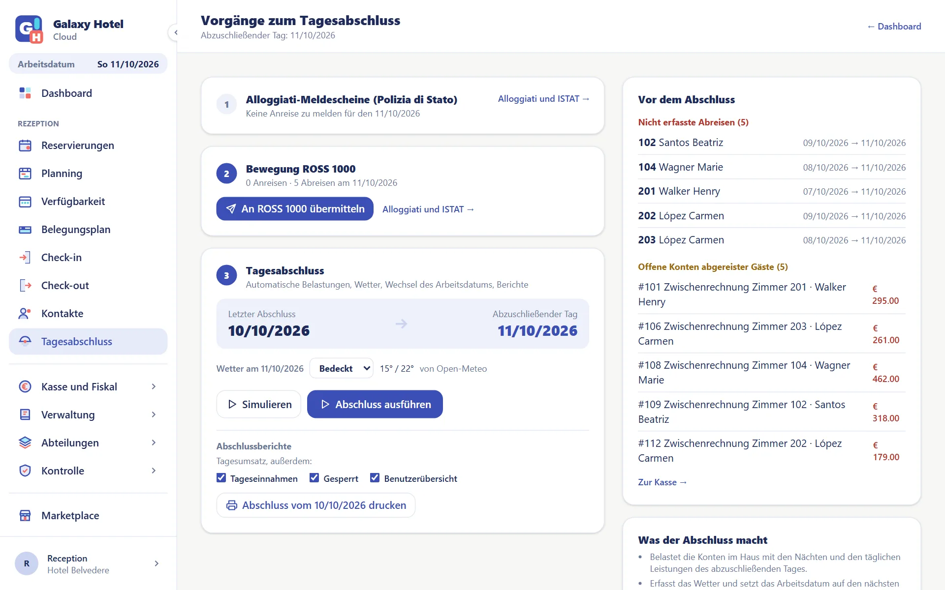 Seite des Tagesabschlusses mit Meldescheinen, Statistikmeldung, Abschluss und den Kontrollen vor dem Abschließen