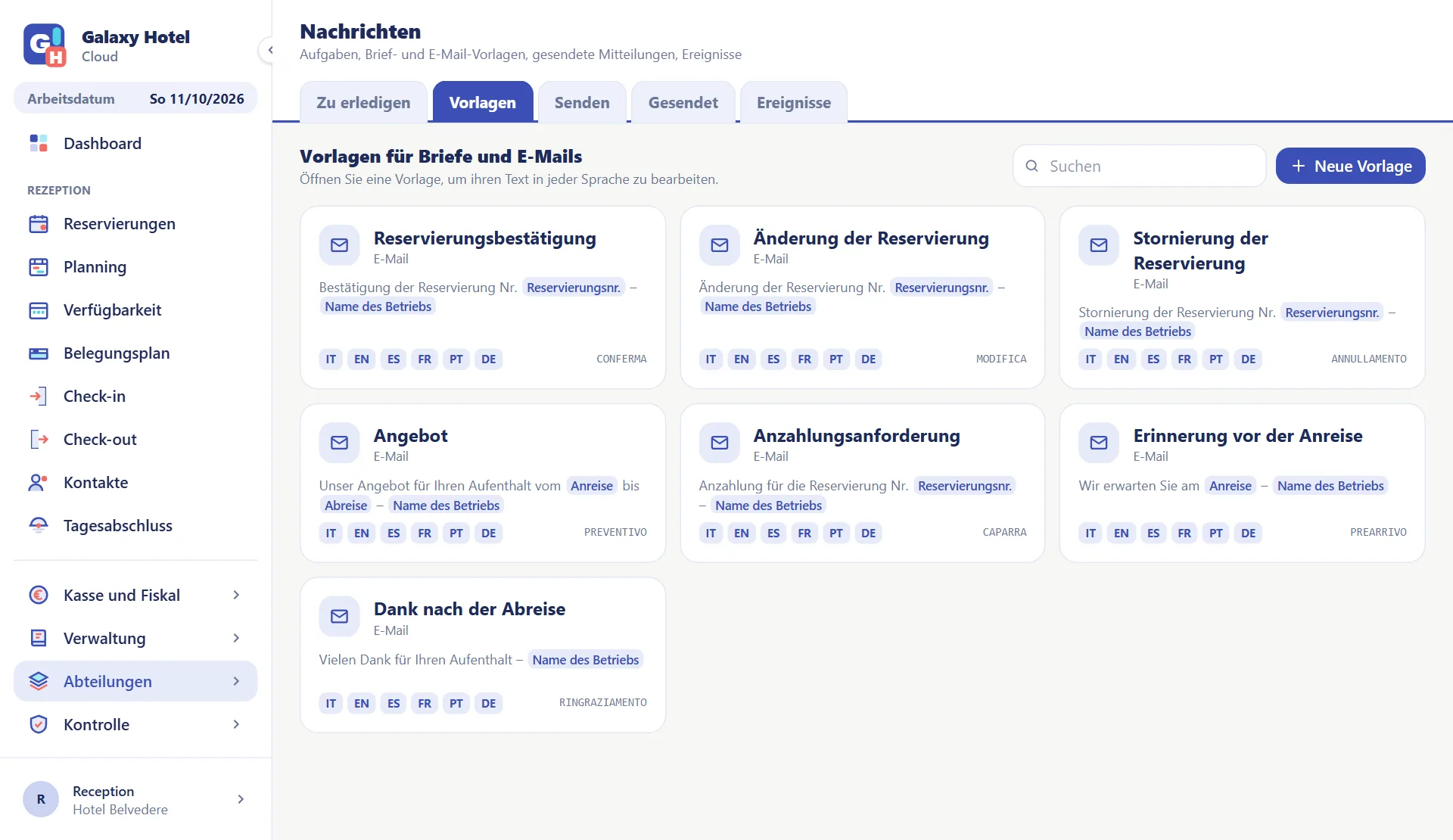 Vorlagen für Briefe und E-Mails an die Gäste: Bestätigung, Angebot, Anzahlung, Erinnerung und Dank, jede in sechs Sprachen