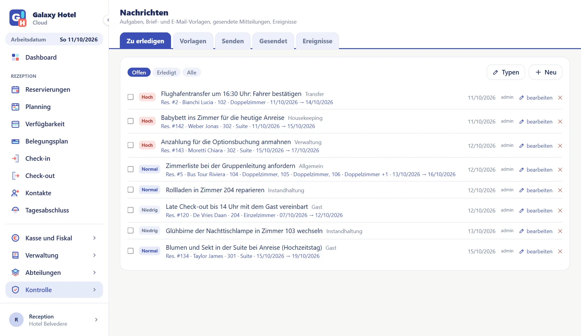 Liste der Aufgaben mit Typ, Fälligkeit und Priorität