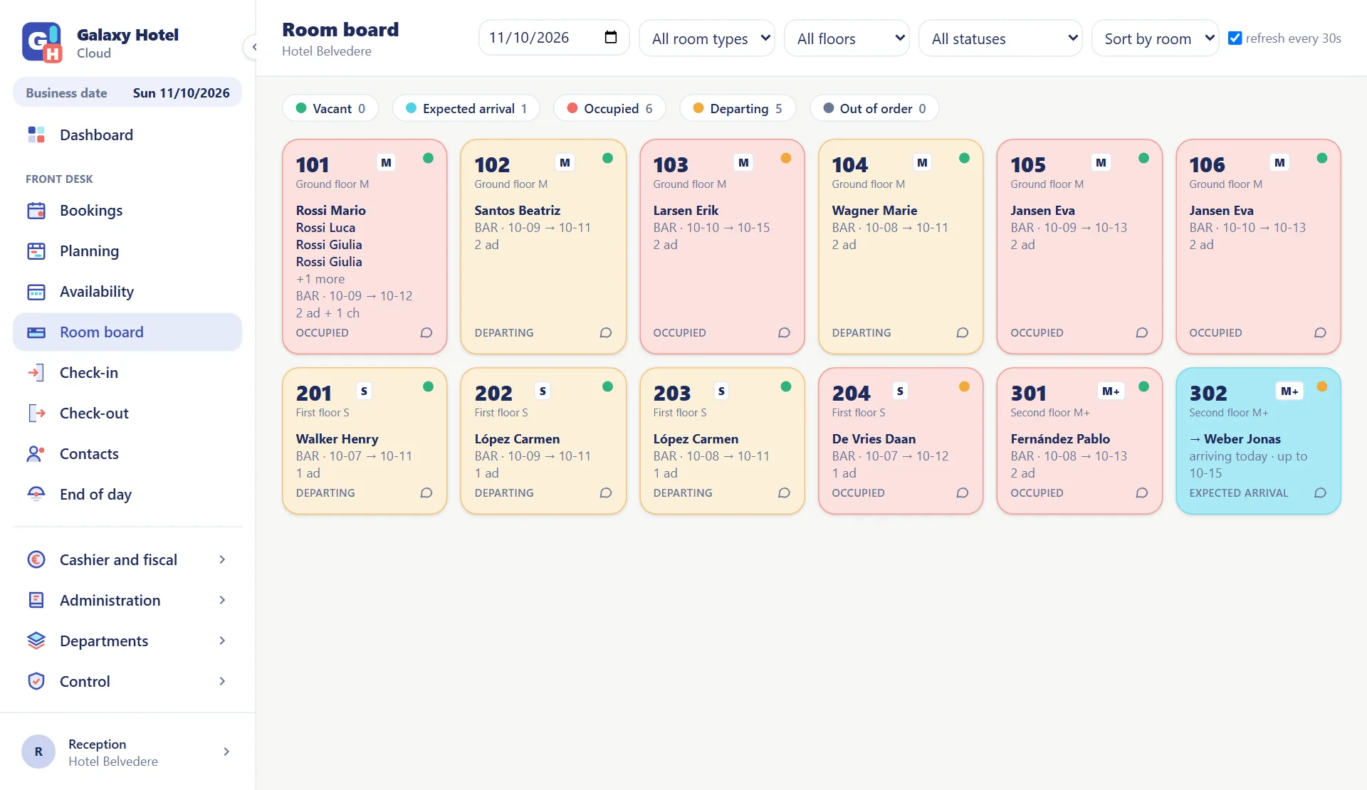 Room board with twelve rooms: occupied, departing and one arrival expected