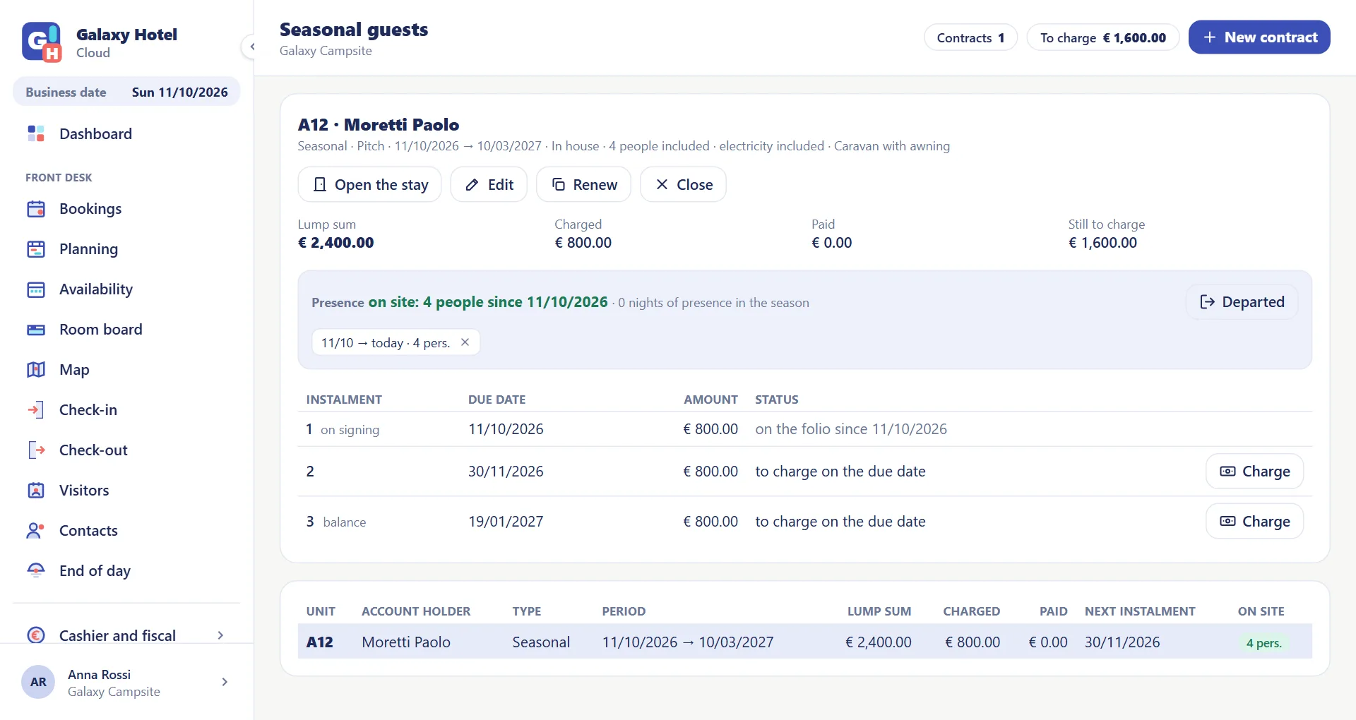 Seasonal contract of a pitch with lump sum, three instalments and the family's presences