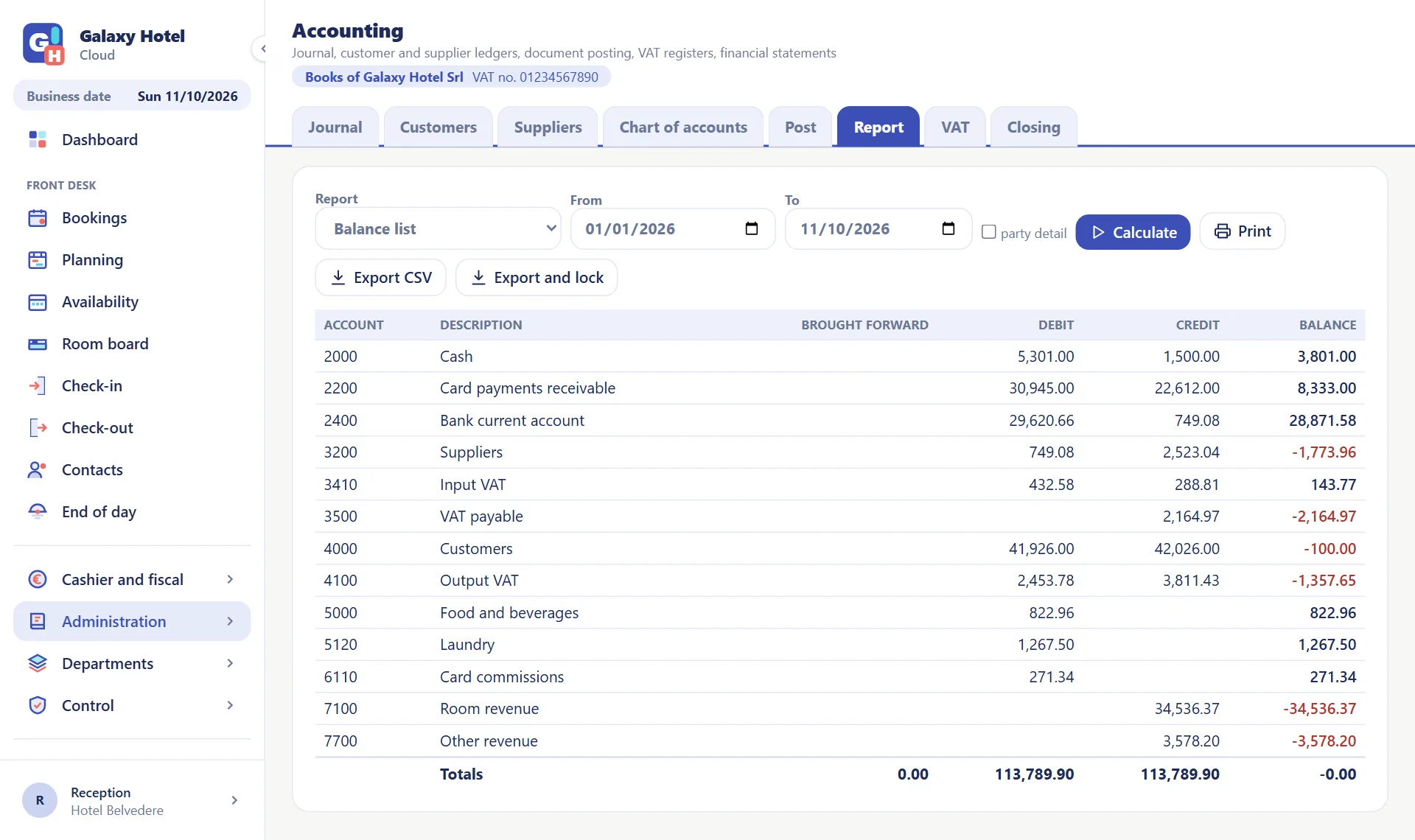 Balance list, the trial balance: every account with its opening balance, debit, credit and balance for the period