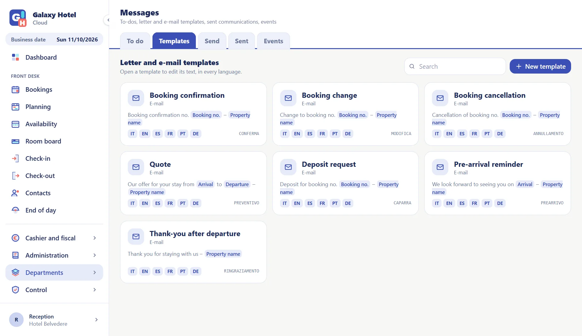 Letter and e-mail templates for guests: confirmation, quote, deposit, reminder and thank-you, each in six languages
