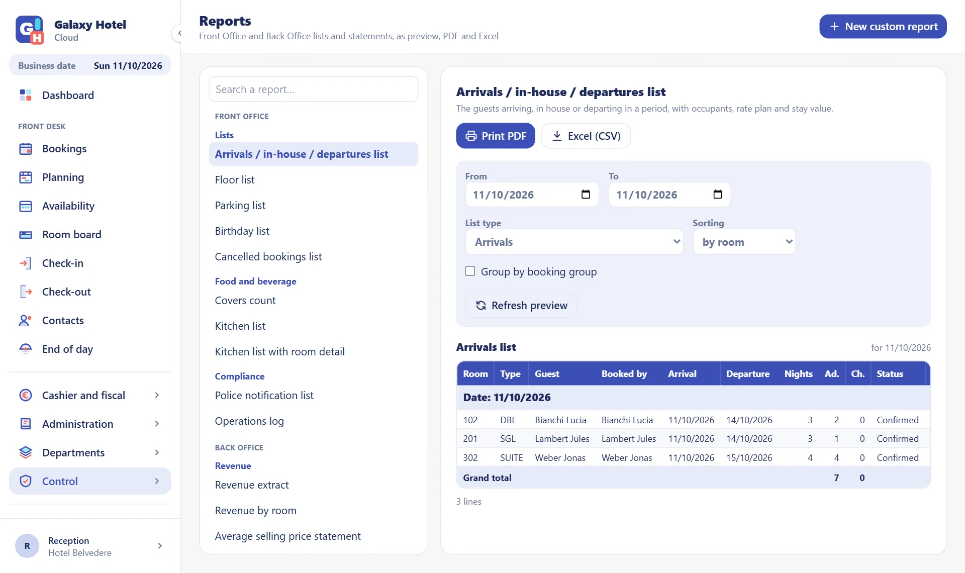 Reports page with the list by department and the preview of the arrivals list