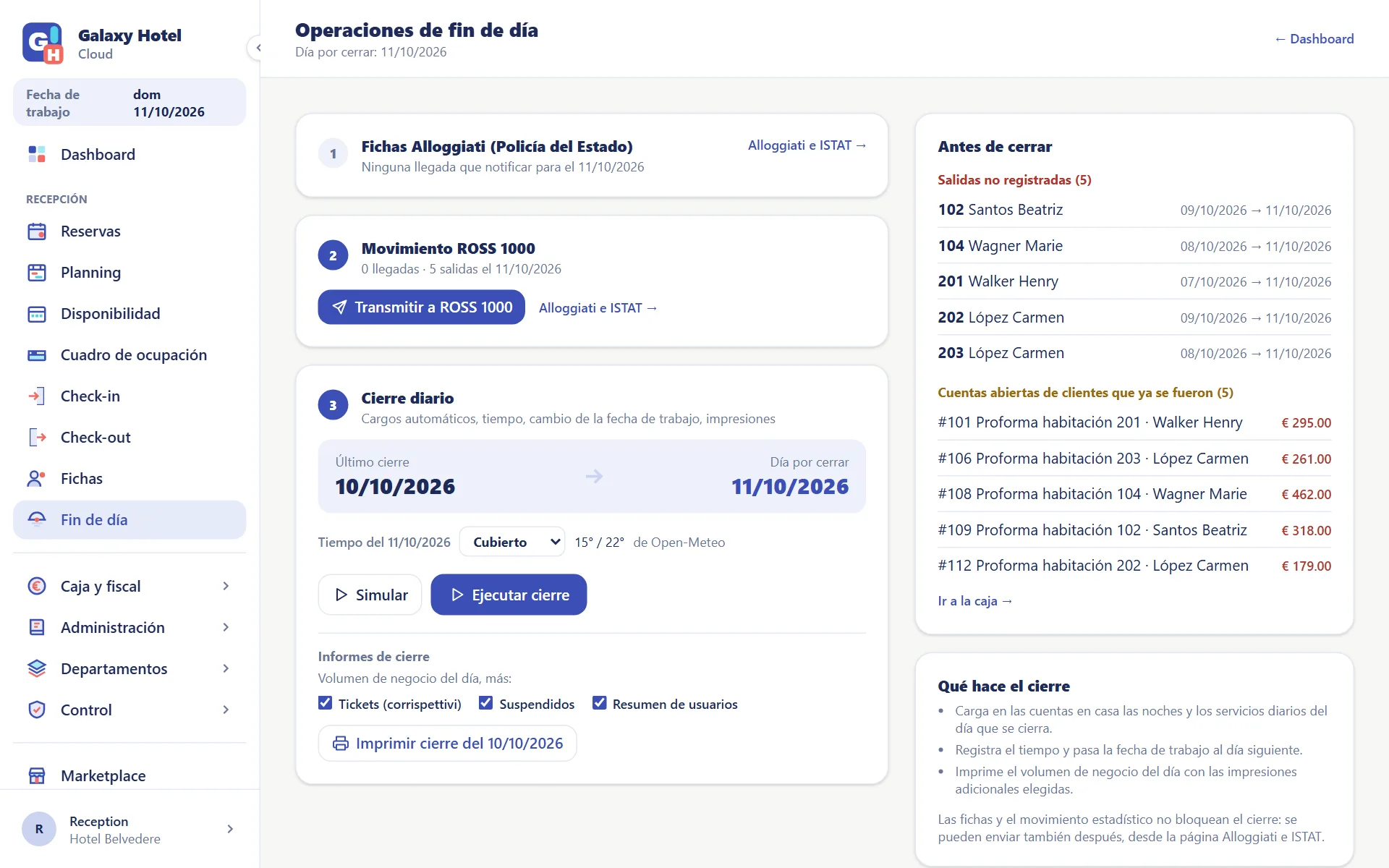 Página de fin de día con partes de viajeros, movimiento estadístico, cierre y las comprobaciones antes de cerrar