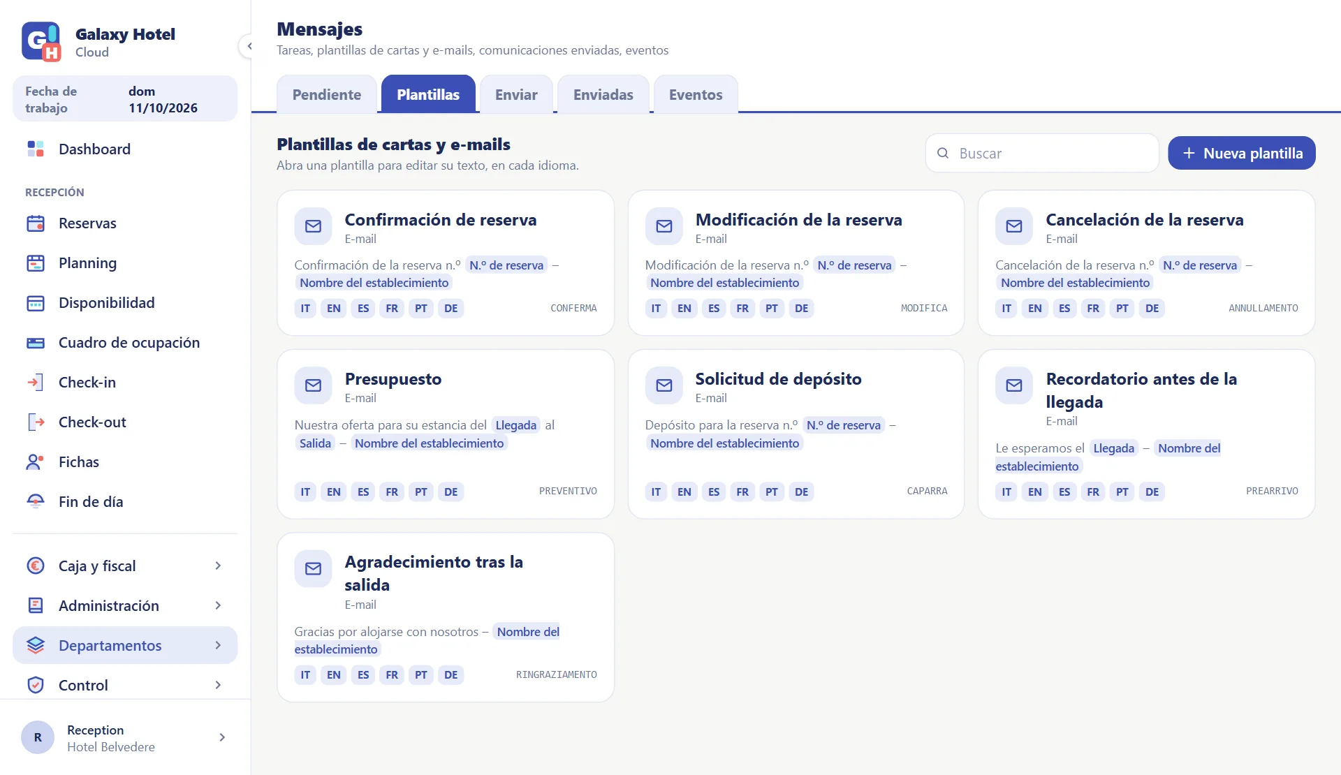 Plantillas de cartas y correos para los huéspedes: confirmación, presupuesto, señal, recordatorio y agradecimiento, cada una en seis idiomas