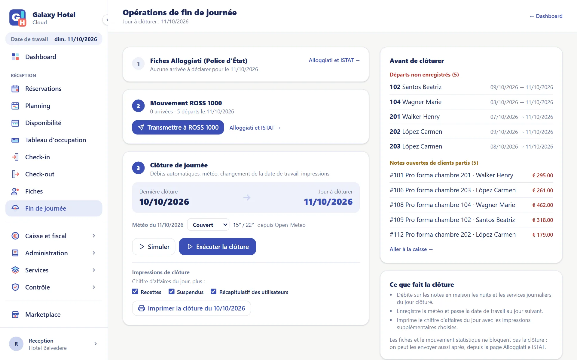 Page Fin de journée avec fiches de police, envoi statistique, clôture et les contrôles avant de clôturer