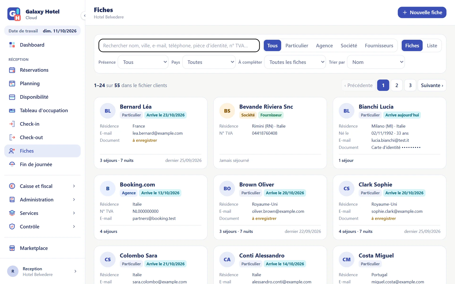 Fichier clients avec les fiches des clients, leurs séjours et la prochaine arrivée