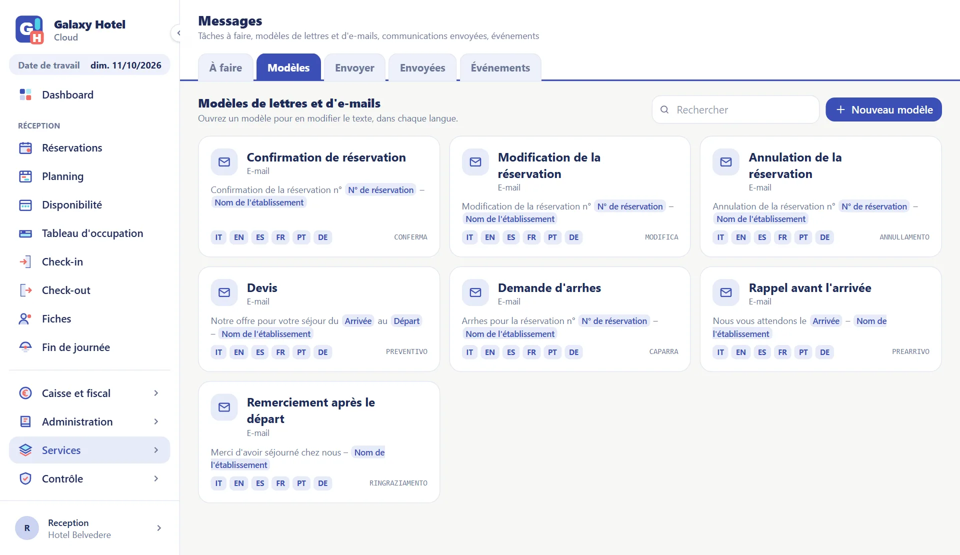 Modèles de lettres et d'e-mails pour les clients : confirmation, devis, arrhes, rappel et remerciement, chacun en six langues