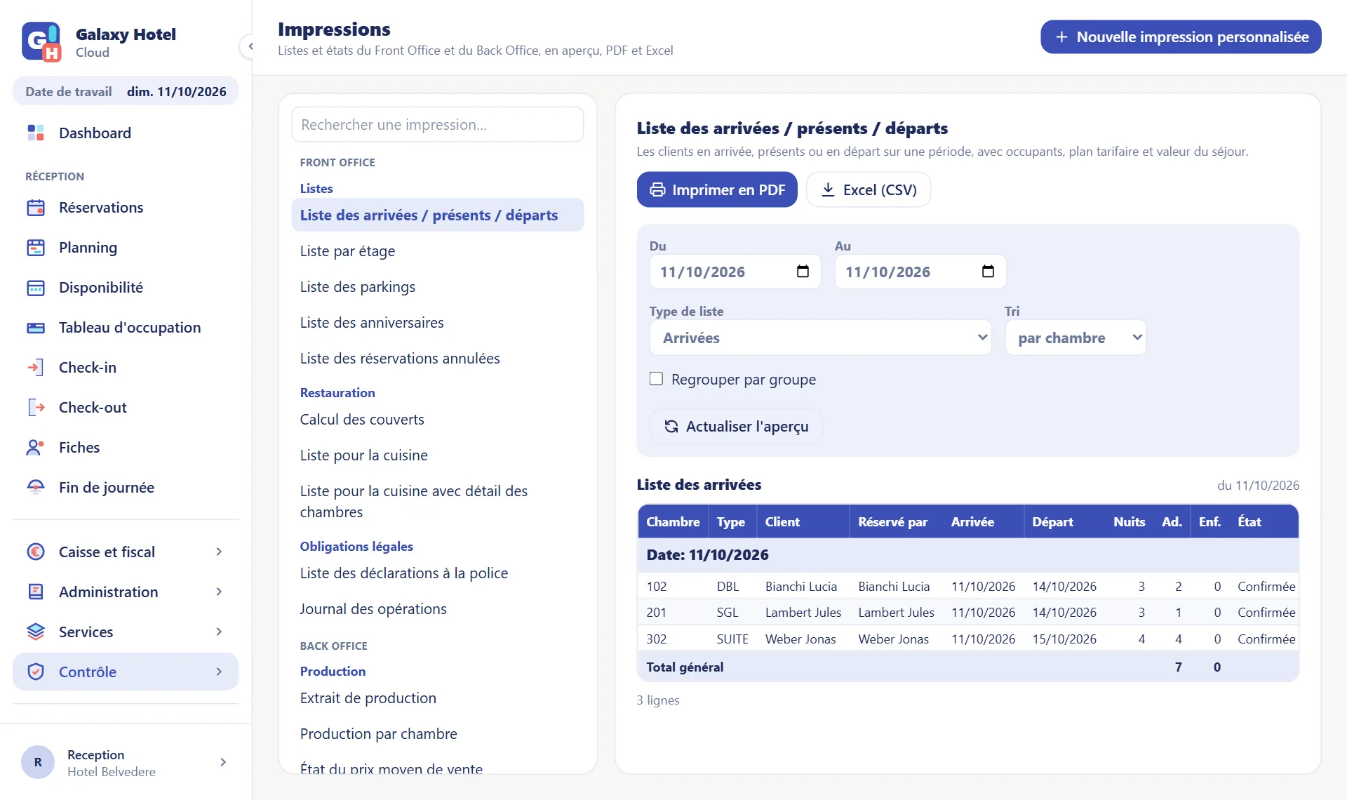 Page Impressions avec la liste par service et l'aperçu de la liste des arrivées