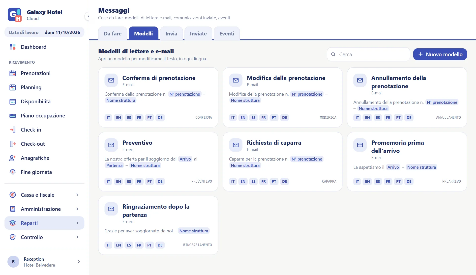 Modelli di lettere ed e-mail per gli ospiti: conferma, preventivo, caparra, promemoria e ringraziamento, ognuno in sei lingue