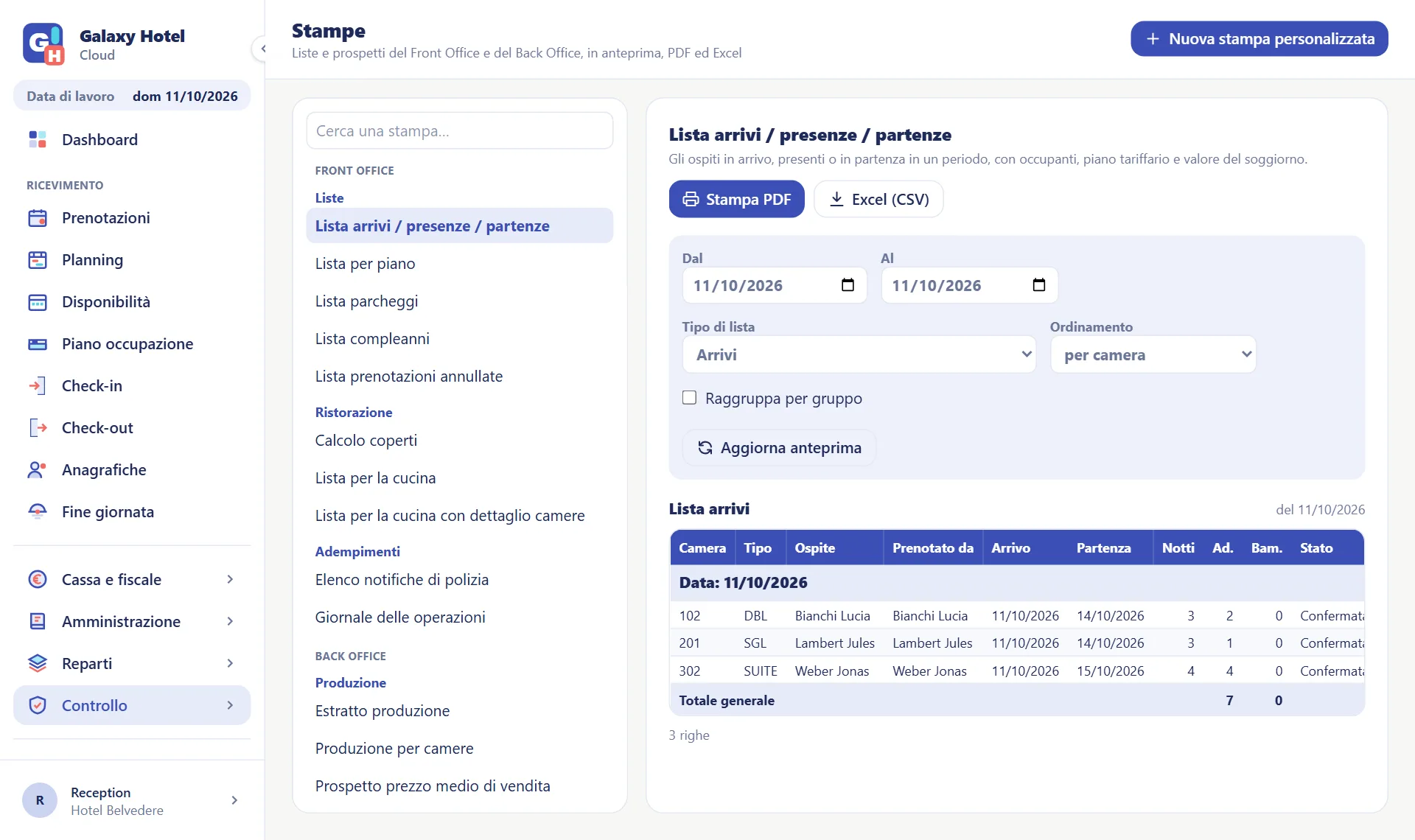 Pagina delle stampe con l'elenco per reparto e l'anteprima della lista degli arrivi