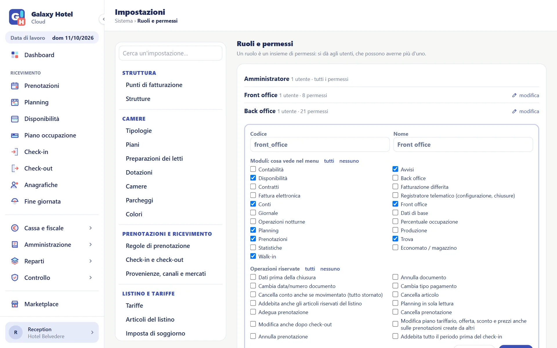Permessi del ruolo Front office: i moduli che vede nel menu e le operazioni riservate
