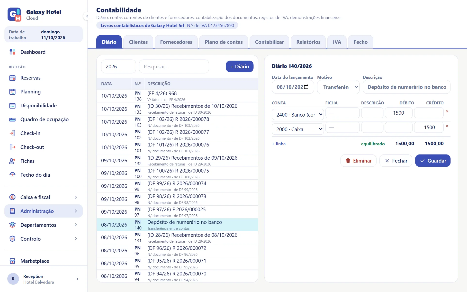 Diário com os lançamentos dos documentos emitidos e o detalhe de um lançamento em partidas dobradas