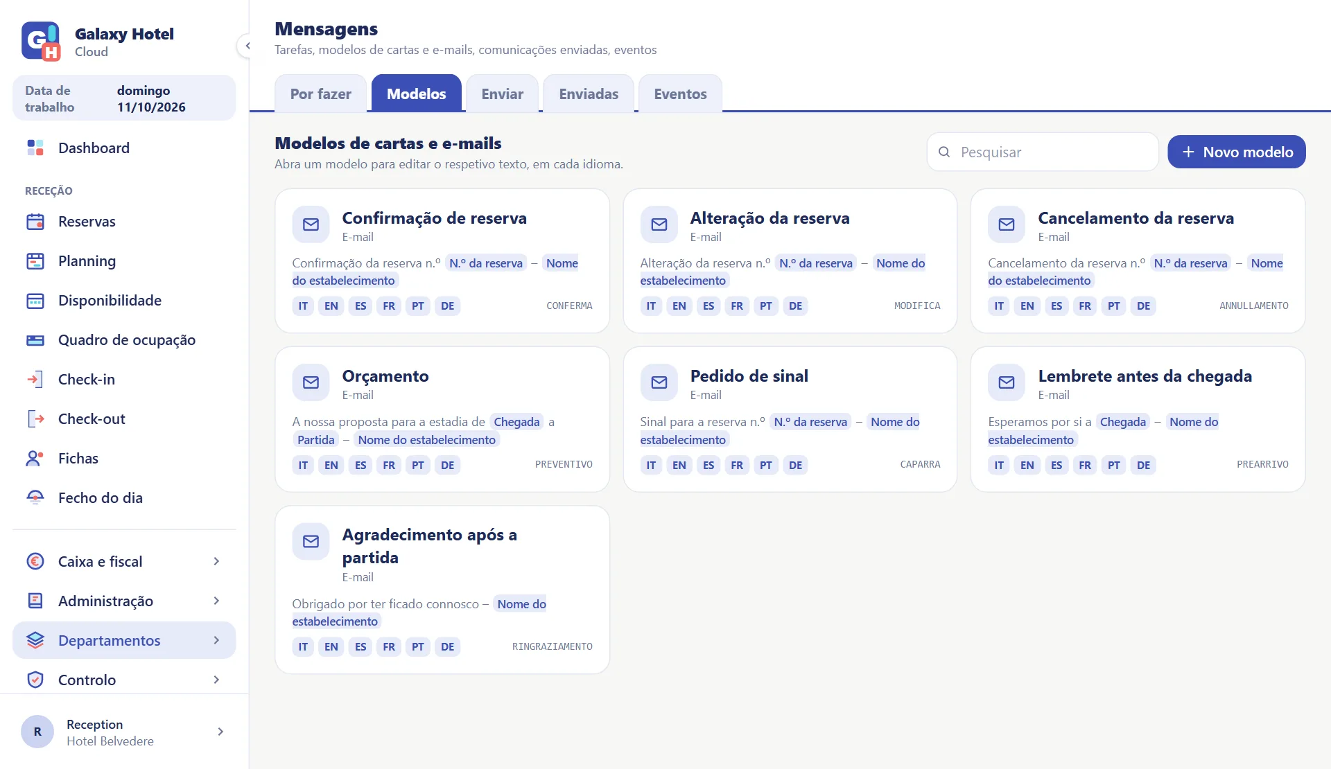 Modelos de cartas e e-mails para os hóspedes: confirmação, orçamento, sinal, lembrete e agradecimento, cada um em seis idiomas