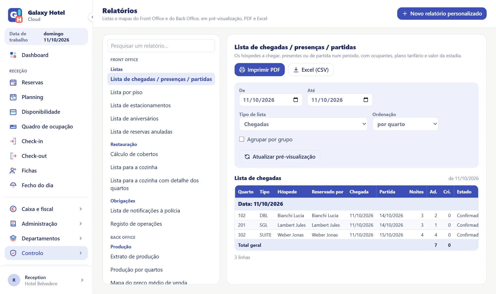 Página dos relatórios com a lista por departamento e a pré-visualização da lista de chegadas